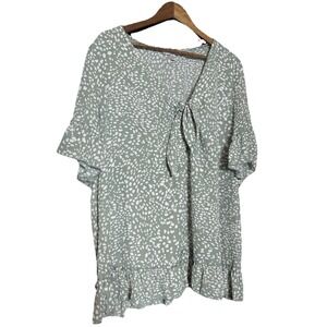 Moa Moa 3X Green White Animal Print Artsy‎ Boho Blouse Flutter Sleeve Tie Front